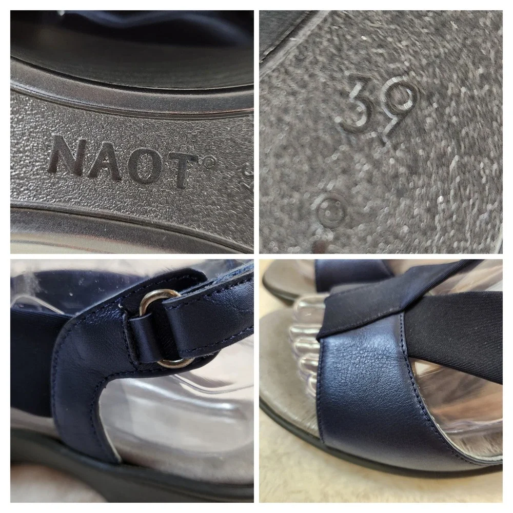 Naot Muscat Metallic Navy Leather Wedge Sandals Womens 39 Elastic‎ Straps 8-8.5